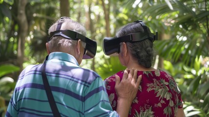 Senior couple immersed in virtual reality in a rainforest