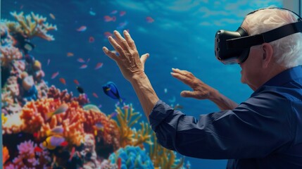 Elderly man exploring underwater world with VR headset