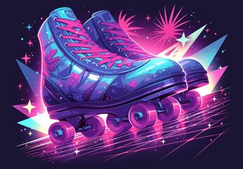 A vintage roller skate design with bold colors and dynamic patterns, evoking the retrofuturistic style of '80s pop culture