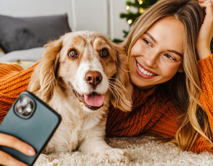 Smiling young cute beauty woman with dog furry friend and taking selfie on smartphone phone