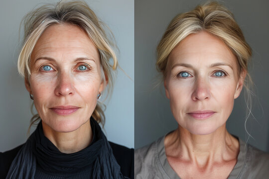 Before After photo of anti aging skin treatment of older woman in her 40s, before she has wrinkles, fine lines, afterwards smooth glowing skin and younger from microneedling, botox, ipl laser at salon