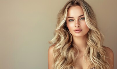 Naklejka premium A beautiful blonde woman with long, wavy hair is styled in loose waves and displays the beauty of her shiny and smooth hairstyle. Suitable for hair advertising