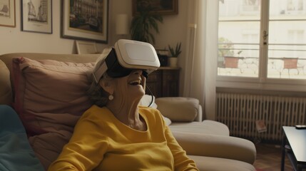  Senior woman experiencing virtual reality at home
