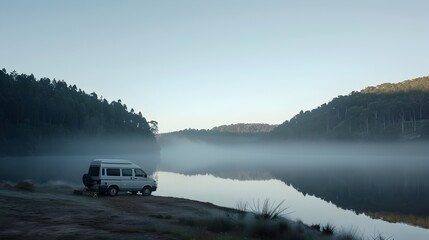 Misty Sunrise Reflection Camper Van by a Peaceful Lake