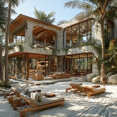 A luxurious, private beach club with a pristine sandy beach and exclusive amenities.