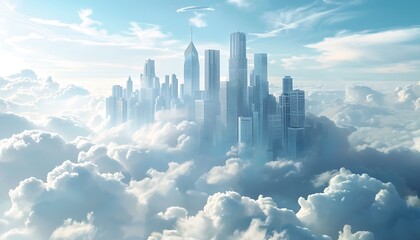 A sleek city skyline emerges from the clouds, symbolizing futuristic cloud computing applications