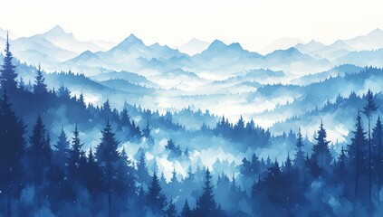 Abstract misty forest and mountains background. Watercolor vector illustration of foggy pine trees in the morning, sky with clouds. 