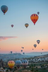 Obraz premium Colorful Hot Air Balloons Rise at Dawn Festival against Pastel Sky