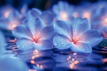 Neon blue shining 3D render glowing abstract flowers. Digital artistic floral background