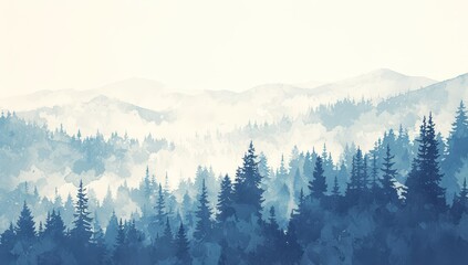 Abstract misty forest and mountains background. Watercolor vector illustration of foggy pine trees in the morning, sky with clouds