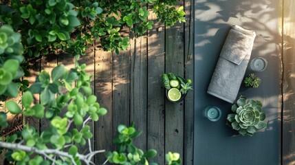 A wooden table in a building with a terrestrial plant and a vase of limes, creating a fresh and natural landscape inside the house AIG50