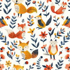 Obraz premium cute fox cartoon seamless pattern, 2d illustration
