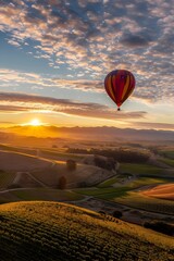 Tranquil Hot Air Balloon Ride Over Vibrant Autumn Vineyards at Sunset