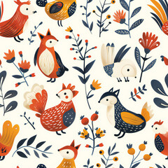 Obraz premium cute chicken pastel colour seamless pattern, 2d illustration