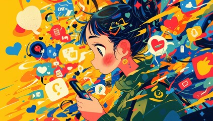 Girl is holding her phone, surrounded by social media icons on the screen. The background of an illustration features colorful abstract shapes with yellow as its main color tone. 