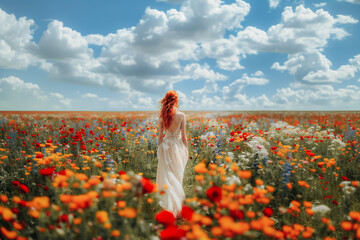 Beautiful young red-haired bride with freckles in a white wedding dress walking in a summer flower field. Back view