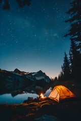 Family Camping Adventure Under StarFilled Mountain Sky at Tranquil Lake