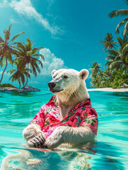 A white polar bear enjoys the warm tropical waters, conceptual image about global warming