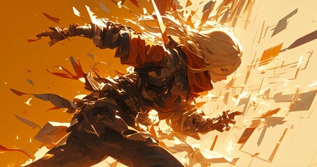 An illustration of an action scene with a female kung fu fighter, dramatic perspective, golden light, splintering wood and metal debris. - obrazy, fototapety, plakaty