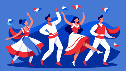 A group of local dancers twirl and spin in their red white and blue costumes delighting the crowd with their energetic routine.. Vector illustration