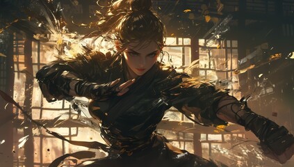 An illustration of an action scene with a female kung fu fighter, dramatic perspective, golden light, splintering wood and metal debris - obrazy, fototapety, plakaty