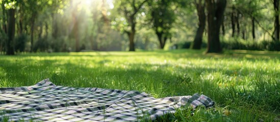 Picnic blanket on grassy field with empty area for text - Powered by Adobe