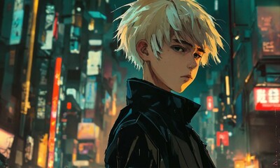 Obraz premium anime boy with short blond hair in the cyberpunk city