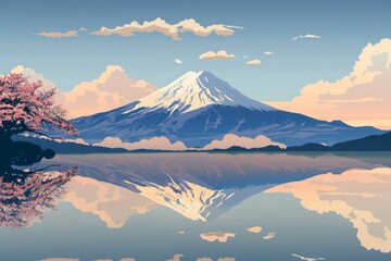 Fototapeta premium Illustration of Mount Fuji and its reflection from Lake Kawaguchi