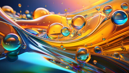 3D Flow of Liquid Oil, water bubbles with multi color on digital art concept.