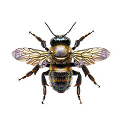 top view of a shiny metallic bee isolated on a white transparent background