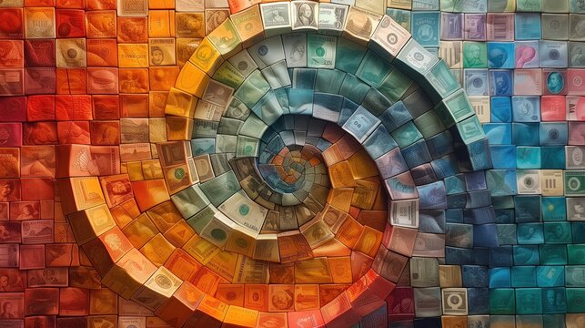 A creative composition of currency notes from around the world arranged in a spiral pattern, symbolizing the interconnectedness of global markets and currencies