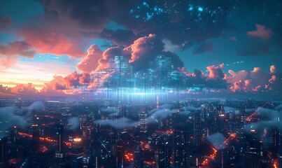 A futuristic cityscape illuminated by data streams from the cloud above