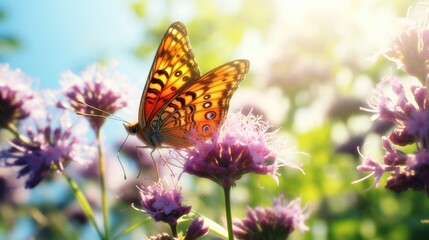  A vibrant butterfly on blooming flowers, macro photography, high resolution stock photo, professionally color graded, clean sharp focus, high quality image in the style of a professional photographer