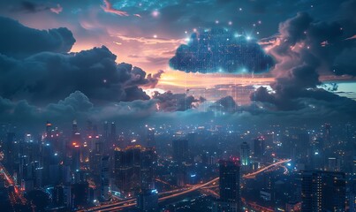 Obraz premium A futuristic cityscape illuminated by data streams from the cloud above