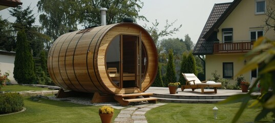 Rustic wooden barrel sauna in garden, perfect for serene backyard relaxation and wellness retreats