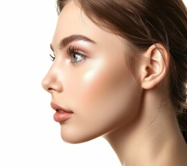 Fototapeta premium A stunning model exhibiting clear, smooth skin and healthy facial features, set against a white background, ideal for cosmetic advertisement