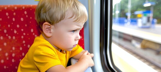 Young boy feeling lonely, gazing wistfully through the train window, lost in deep contemplation