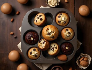 Obraz premium holder, ingredients: eggs, bakeware pan, almond slices, chooclate chip and cashew nuts isolated on wooden ... See More