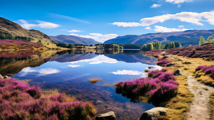 A panoramic view of a highland moor, with heather in bloom, creating a purple carpet that stretches to a small, crystal-clear lake reflecting the clear blue sky and fluffy clouds. - Powered by Adobe