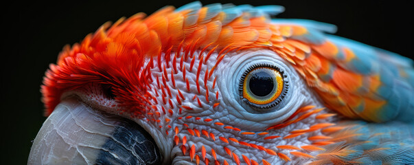 detailed macro shot of macaw's textured face and feathers