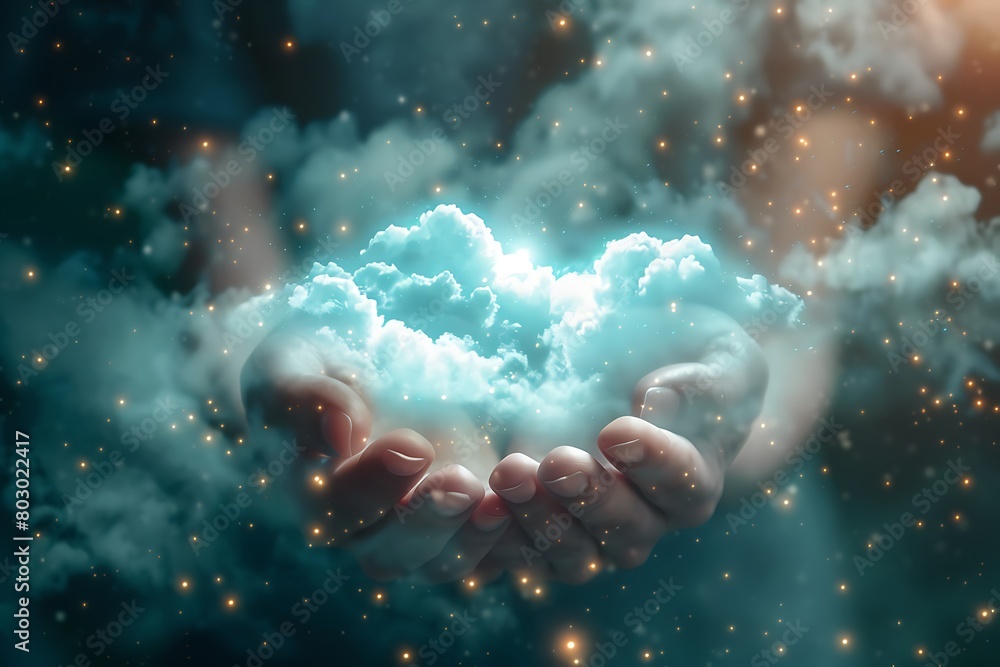 Poster hands holding the future, accessing limitless knowledge through cloud applications