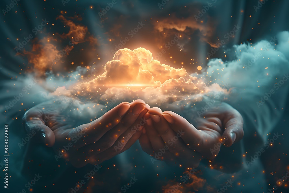 Poster hands holding the future, accessing limitless knowledge through cloud applications