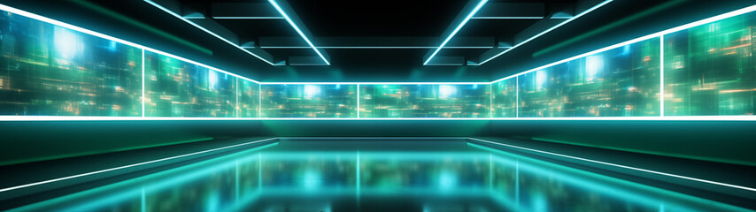 Futuristic Cyan-Lit Room with Transparent Digital Screens