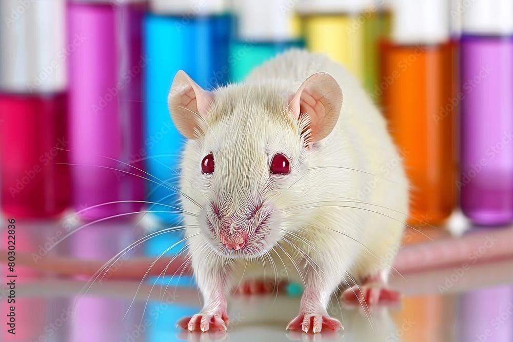 Poster white mouse in bio lab on table, with blurred background for text in research context