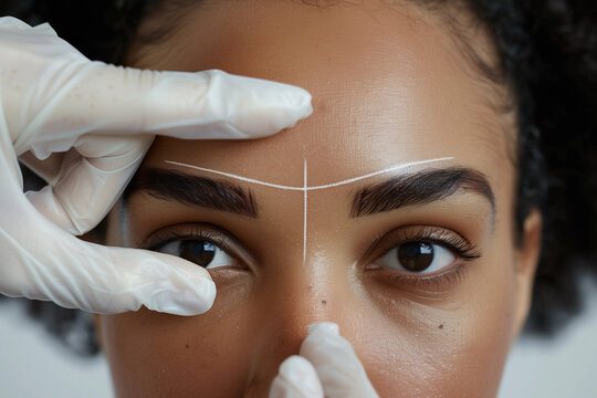 Latex glove hands marking eyebrow micro-blading guide outline on black diverse woman face cosmetic tattoo feathering brow design salon skin clinic tattooed artist beauty makeup facial treatment lux