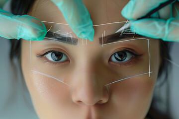 Latex glove hands marking eyebrow micro-blading guide outline on Asian diverse woman for face cosmetic tattoo feathering brow design salon skin clinic tattooed artist beauty makeup facial treatment