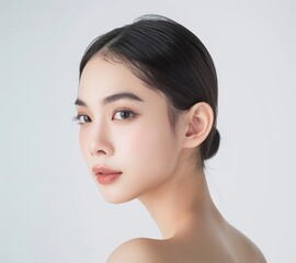 Radiant beauty showcased by a woman with flawless, clear skin and smooth facial features against a white backdrop, perfect for cosmetic advertising