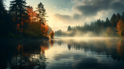 A quiet, misty morning on a lake surrounded by autumn-colored forests, where the mist partially...