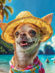 A cute chihuahua dog wearing a straw hat enjoys vacation in a tropical sea