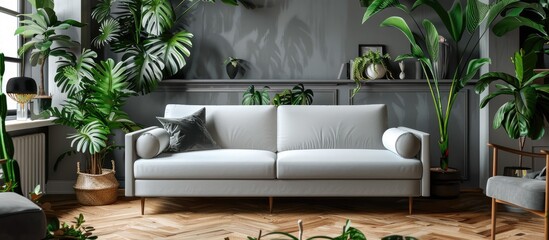 Sleek home decor featuring a gray sofa, tropical plants, and refined accents. Room for text on a poster mock-up. Brown wooden flooring. Emphasis on chic interior design.